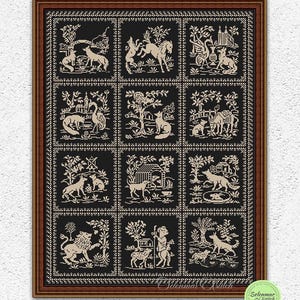 Fabeln einfarbiges Kreuzstichmuster Stickdatei Antike Aesop Fabeln Stickmuster Tiere Märchen Pferd Fuchs Storch Löwe Stickvorlage #486