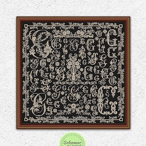 Floral letter G sampler counted cross stitch pattern Monochrome cross stitch Alphabet embroidery design Antique style xstitch chart #S212