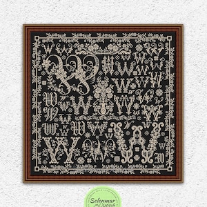 Monochrome letter W sampler counted cross stitch pattern Floral initial embroidery Monochrome cross stitch Antique xstitch chart PDF #S227