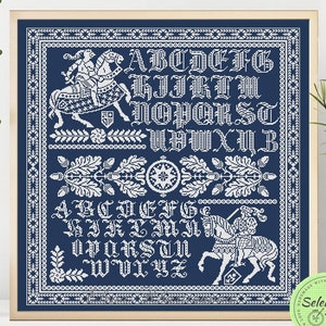 Patrón de punto de cruz de caballeros Muestra del alfabeto antiguo Diseño de bordado Muestra del cuáquero monocromático Gráfico xstitch Descarga digital n.º 304
