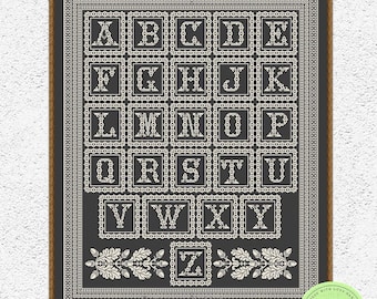 Monochrome quaker sampler cross stitch pattern Antique alphabet sampler embroidery design Acorns oak leaves ornament xstitch chart #S35