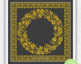 Monochrome floral wreath counted cross stitch pattern Flowers embroidery design Pillow sampler square xstitch chart Digital PDF download #94