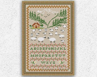 Sheep quaker sampler cross stitch pattern Sheep in the meadow embroidery Sheep sampler cross stitch Country primitive xstitch chart #1003*