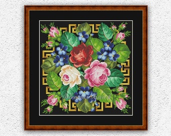 Roses and violets counted cross stitch antique pattern Vintage flowers on black embroidery design Floral pillow sampler xstitch chart #S158