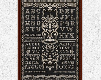 Monochrome quaker sampler counted cross stitch pattern Flowers vase embroidery design Antique alphabet sampler xstitch chart PDF #S200