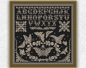 Butterflies monochrome cross stitch pattern Floral alphabet sampler Quaker embroidery design Flowers antique style xstitch chart #S152