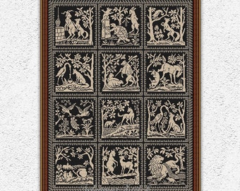 Fábulas patrón de punto de cruz monocromático Fábulas antiguas de Esopo bordado Tortuga Liebre Zorro Cuervo Cigüeña Lobo Cabra León Ratón xstitch chart #S233