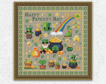 Könnte beinhalten: Ein gerahmtes Kreuzstichdesign mit dem Thema St. Patrick's Day. Das Design zeigt einen Regenbogen, Kobolde, Goldtöpfe, Kleeblätter und den Text "HAPPY PATRICK'S DAY!". Die Farbpalette umfasst Grün-, Gold- und Regenbogenfarben. Unten steht "INSTANT DOWNLOAD PDF".