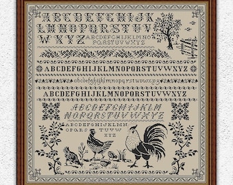 Hahn und Hühner Kreuzstichmuster Landquaker-Sampler-Stickerei Alphabet-Kreuzstich Monochromes Dorf-Xstitch-Diagramm #S99