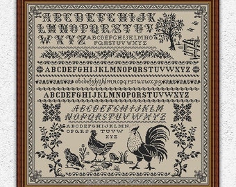 Rooster and chickens cross stitch pattern Country quaker sampler embroidery Alphabet cross stitch Monochrome village xstitch chart #S99