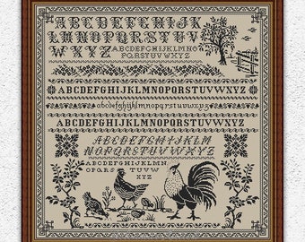 Hahn und Hühner Kreuzstichmuster Landquaker-Sampler-Stickerei Alphabet-Kreuzstich Monochromes Dorf-Xstitch-Diagramm #S99