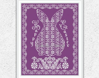 Happy Easter cross stitch pattern Monochrome Easter sampler embroidery design Easter bunny silhouette xstitch chart #S216*