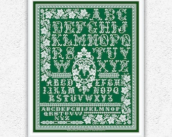 Vine leaves counted cross stitch pattern Monochrome quaker sampler embroidery design Floral alphabet cross stitch Leafy xstitch chart #S55