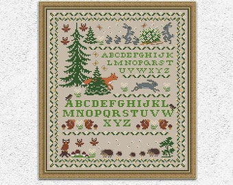 Fairytale spring forest cross stitch pattern Animals Fox Hares Owls Hedgehogs embroidery Primitive quaker sampler xstitch chart #1004*