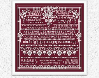 Fruits monochrome cross stitch pattern Quaker cross stitch Grapes Vine Leaves embroidery design Alphabet sampler xstitch chart PDF #S91*