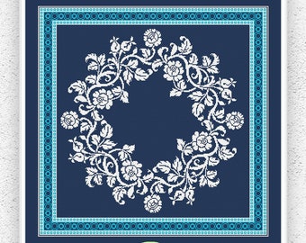 Flower wreath counted cross stitch pattern Roses buds Floral leaves embroidery design Pillow sampler Cushion cover xstitch chart #156