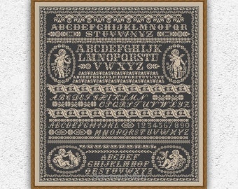 Little angels monochrome cross stitch pattern Quaker cross stitch Alphabet sampler embroidery design Antique style xstitch chart pdf #S72*