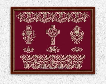 Antique monochrome cross stitch pattern Religious embroidery sampler Christian cross stitch Cross xstitch chart Digital PDF download #S215