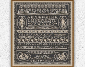 Monochrome baby angels counted cross stitch pattern Quaker sampler embroidery design Alphabet antique style xstitch chart #S72