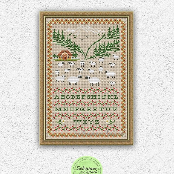Country primitive cross stitch pattern Sheep in the meadow embroidery design Alphabet sampler xstitch chart #1003