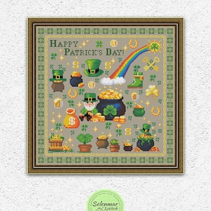 Könnte beinhalten: Ein gerahmtes Kreuzstichdesign mit dem Thema St. Patrick's Day. Das Design zeigt einen Regenbogen, Kobolde, Goldtöpfe, Kleeblätter und den Text "HAPPY PATRICK'S DAY!". Die Farbpalette umfasst Grün-, Gold- und Regenbogenfarben. Unten steht "INSTANT DOWNLOAD PDF".