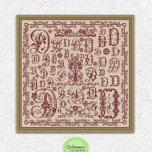 Patrón de punto de cruz de muestra de letra D floral Punto de cruz de letras monocromáticas Bordado de alfabeto de flores Gráfico xstitch de estilo antiguo #S209*