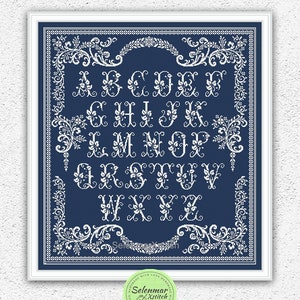 Quaker sampler counted cross stitch pattern Monochrome embroidery Antique leaf frame cross stitch Leafy alphabet sampler xstitch chart #S56