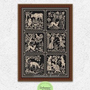 Puede incluir: Un patrón de punto de cruz en blanco y negro con una imagen enmarcada de seis escenas diferentes. Las escenas representan una vaca, un zorro, un gallo, una mujer y un hombre, un ciervo y una tortuga. El patrón está rodeado por un borde decorativo.