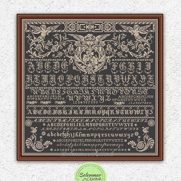 Monochrome quaker sampler cross stitch pattern Angels, cherubs cross stitch embroidery design Antique alphabet sampler xstitch chart #S29