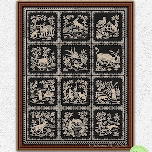 Può includere: Un sampler a punto croce incorniciato, nero e beige, con nove quadrati con scene pastorali. Ogni quadrato raffigura animali, alberi e fogliame. Il testo "INSTANT DOWNLOAD PDF" è in basso. Il sampler è in una cornice marrone scuro.