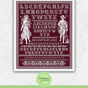 Monochrome quaker sampler counted cross stitch pattern Floral nymph and man embroidery design Antique style xstitch chart S124 image 4