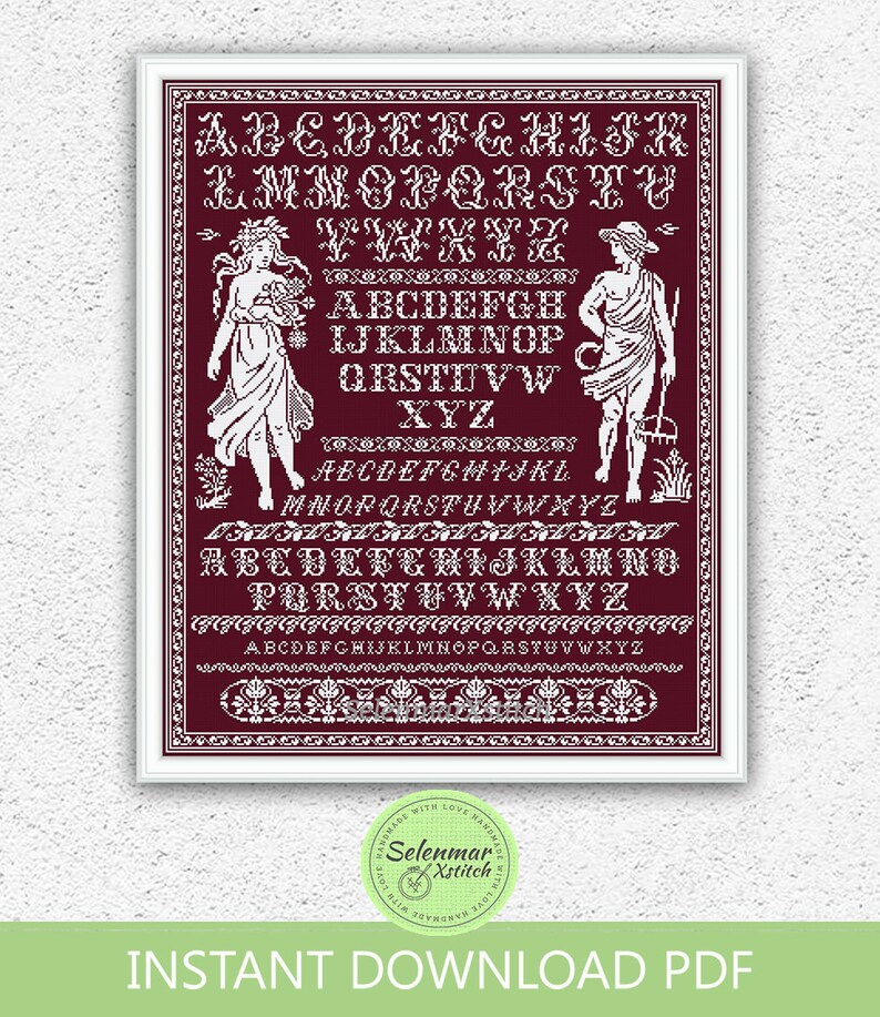 Monochrome quaker sampler counted cross stitch pattern Floral nymph and man embroidery design Antique style xstitch chart S124 image 4