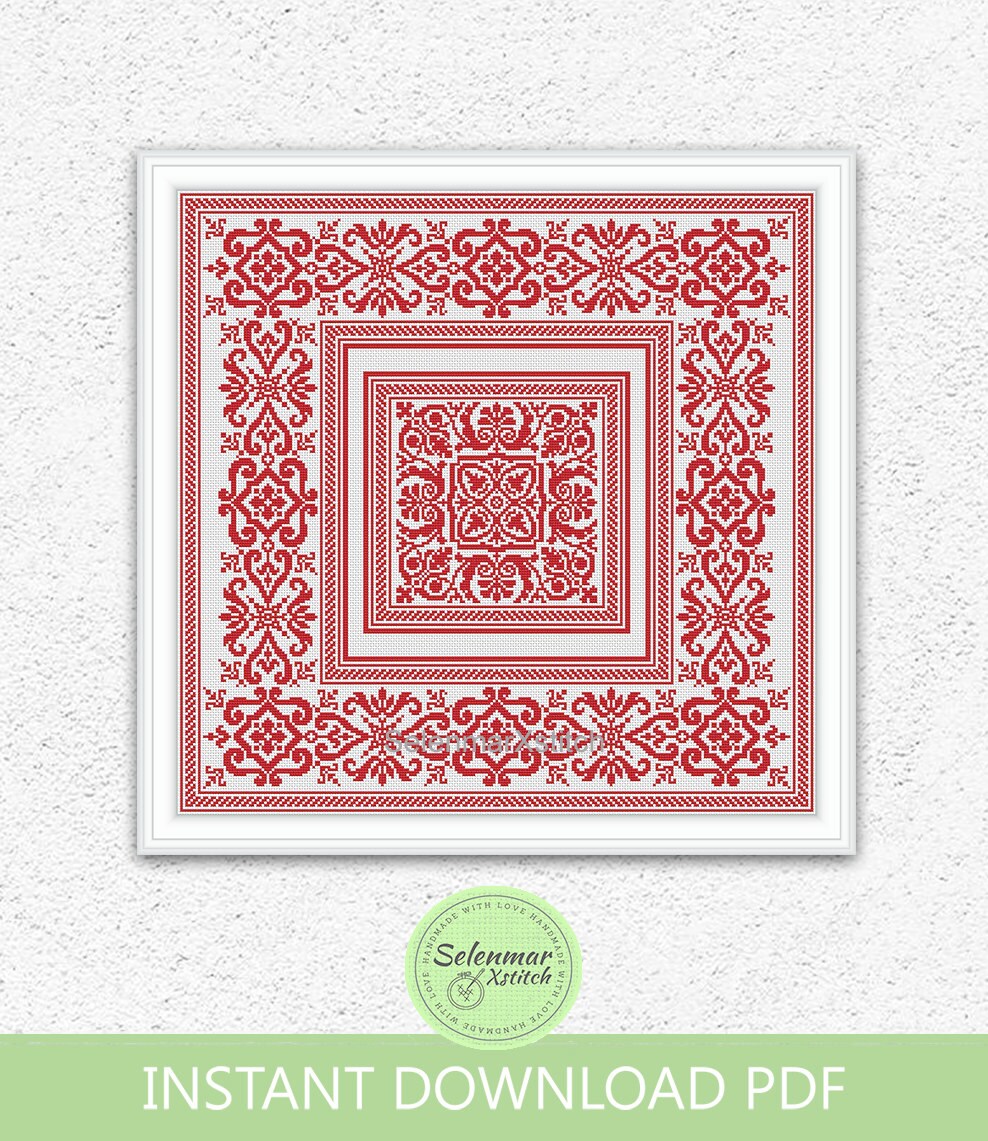 サンプル　絵 モノクロのクロスステッチパターン タイル刺繍デザイン アンティーク