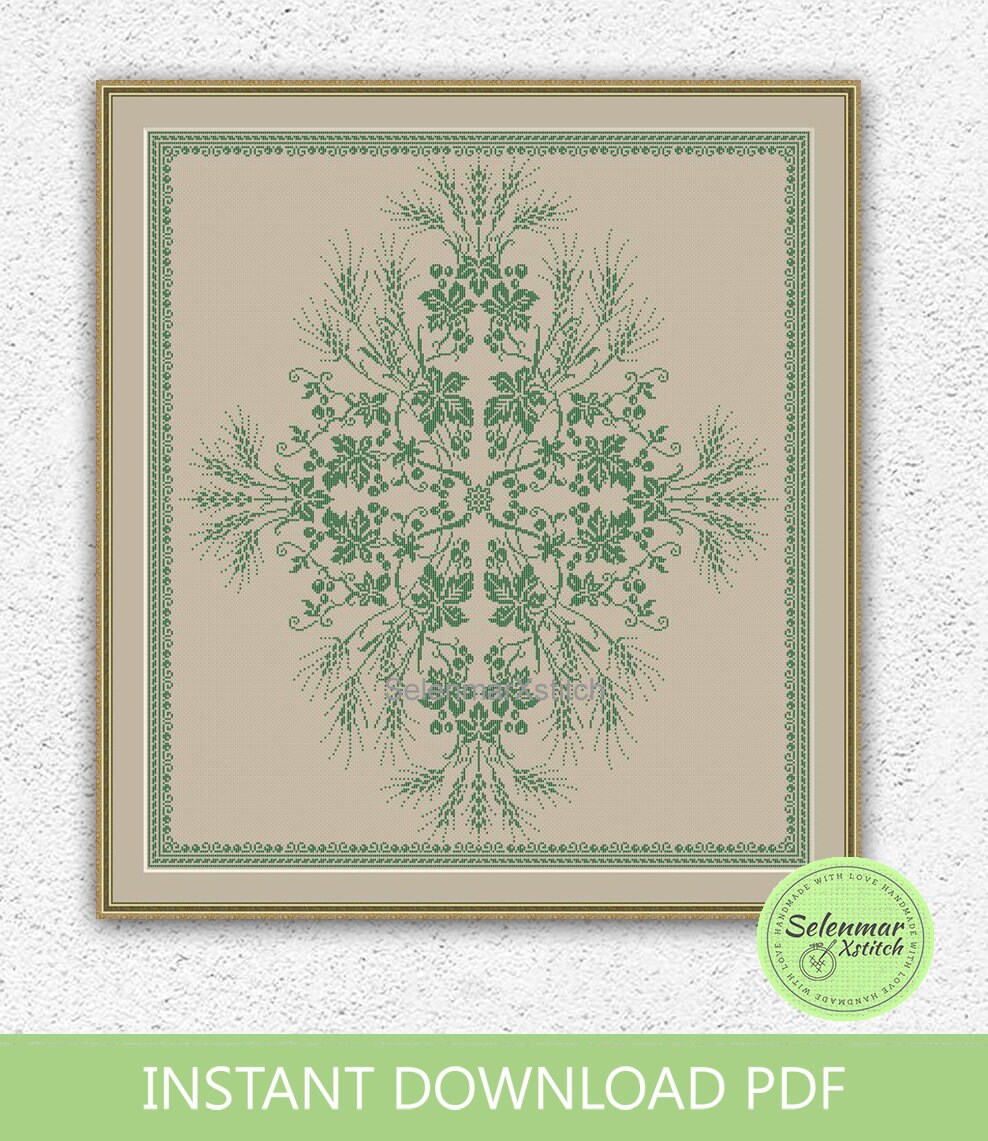Leafy Monochrome Cross Stitch Pattern Spikelet Wheat Cross Stitch Vine
