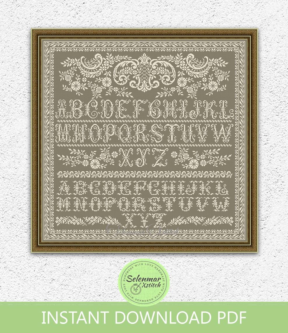 Vintage Alphabet Monochrome Cross Stitch Pattern Floral Letters