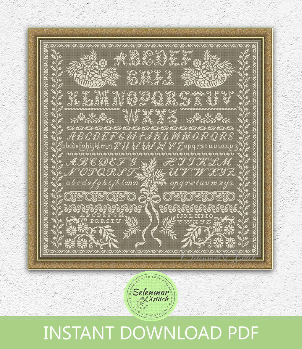 Floral Monochrome Cross Stitch Pattern Flowers Quaker Sampler