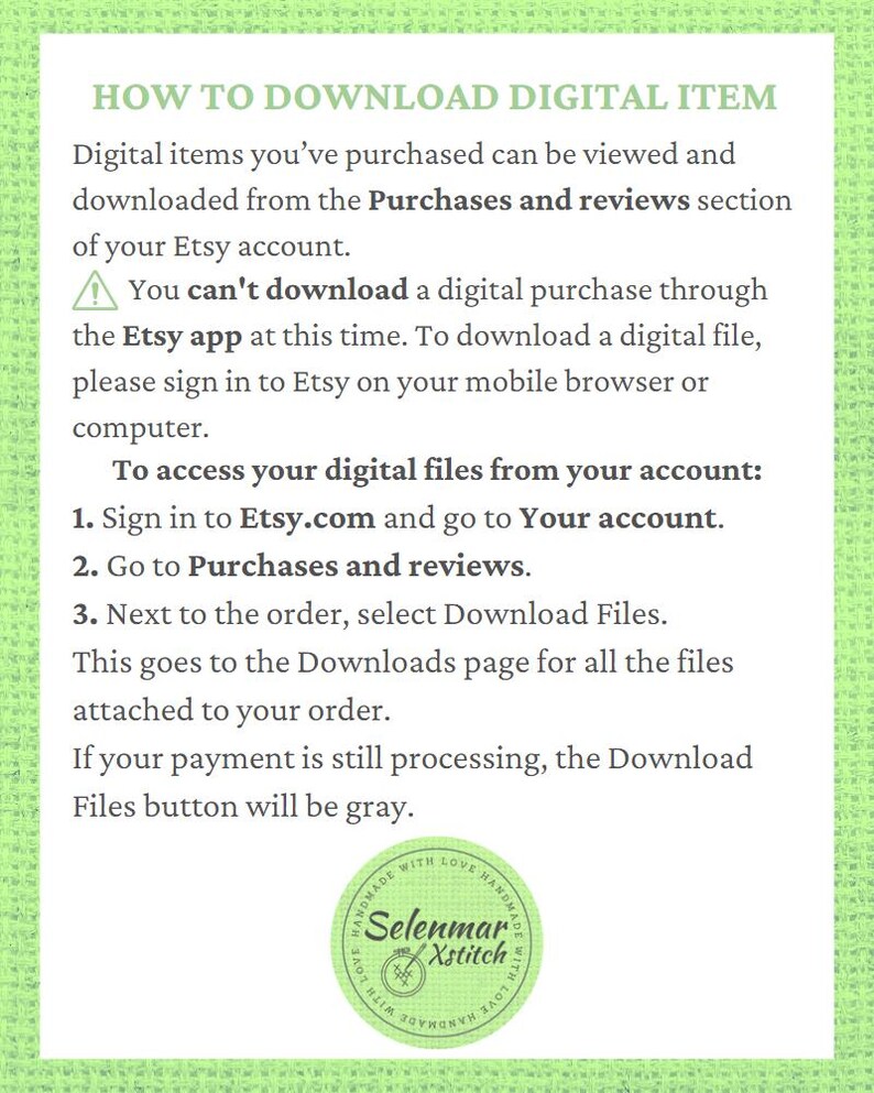 Puede incluir: Instrucciones sobre c&oacute;mo descargar art&iacute;culos digitales comprados en Etsy. El texto explica c&oacute;mo acceder a los archivos digitales desde tu cuenta de Etsy, incluyendo iniciar sesi&oacute;n, ir a Compras y rese&ntilde;as, y seleccionar Descargar archivos. El texto tambi&eacute;n menciona que el bot&oacute;n Descargar archivos estar&aacute; en gris si tu pago a&uacute;n est&aacute; en proceso.