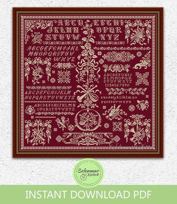 音楽モノクロクロスステッチパターンヴィンテージ楽器刺繍アンティーク