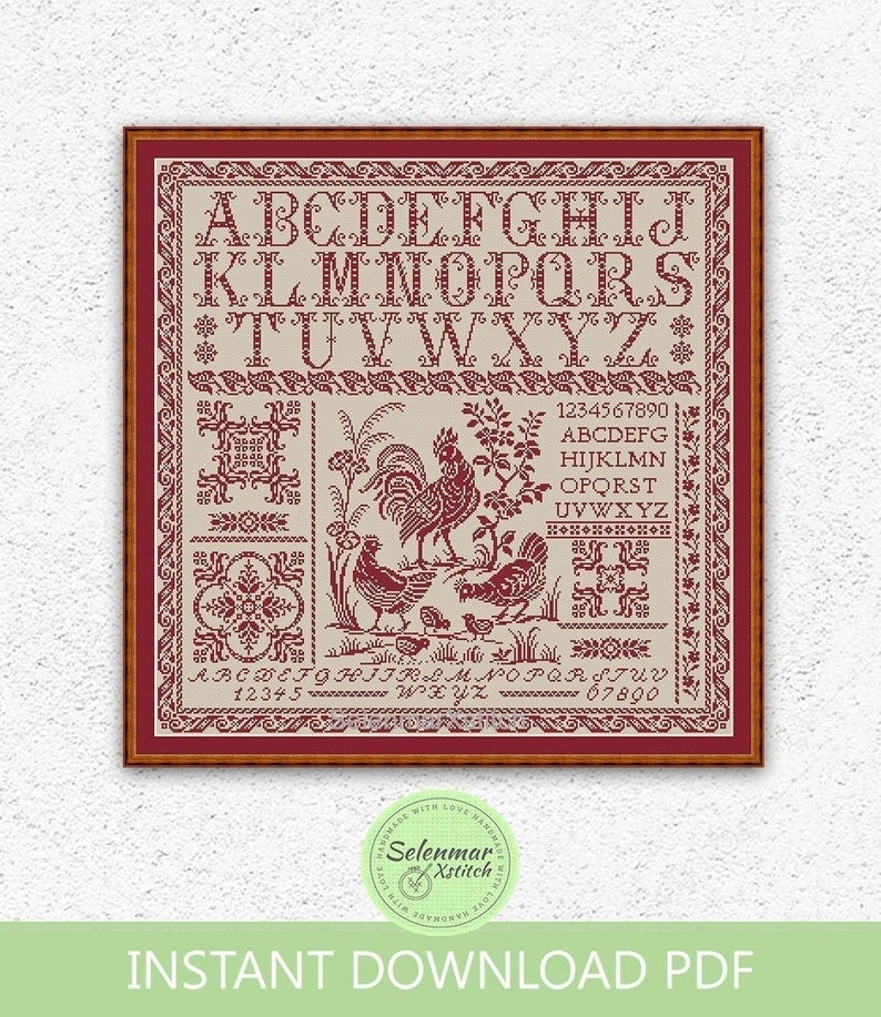 Quaker sampler cross stitch pattern Birds, rooster, hens, chickens xstitch chart Rustic farmhouse alphabet sampler embroidery design