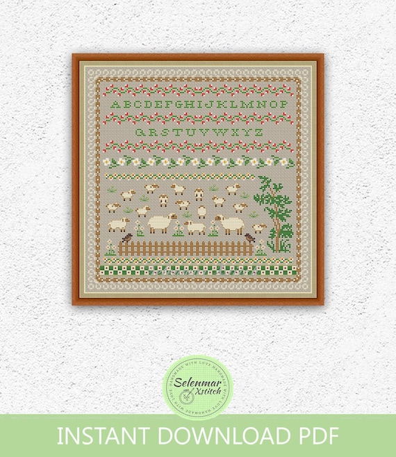 カントリー調　刺繍絵 カントリー クエーカー サンプラー クロスステッチ パターン 牧草地の