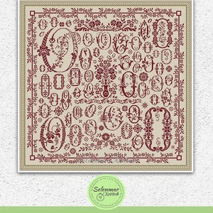 Floral letter O sampler counted cross stitch pattern Flowers alphabet embroidery Monochrome cross stitch Antique style xstitch chart S219 image 3