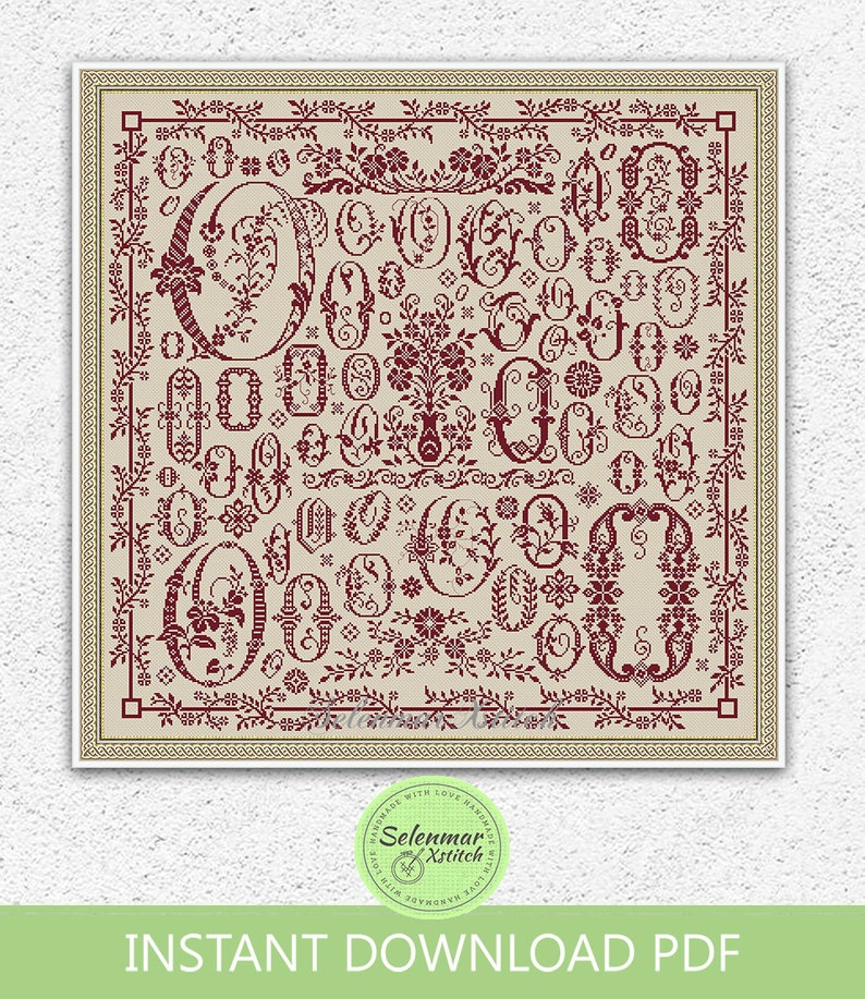 Floral letter O sampler counted cross stitch pattern Flowers alphabet embroidery Monochrome cross stitch Antique style xstitch chart S219 image 3