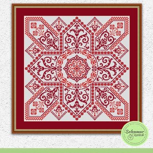K&ouml;nnte beinhalten: Rotes und wei&szlig;es Kreuzstichmuster mit geometrischem Design. Das Muster ist in einem braunen Rahmen gerahmt. Das Muster hei&szlig;t "Selennar Xstitch" und ist mit Liebe gemacht.