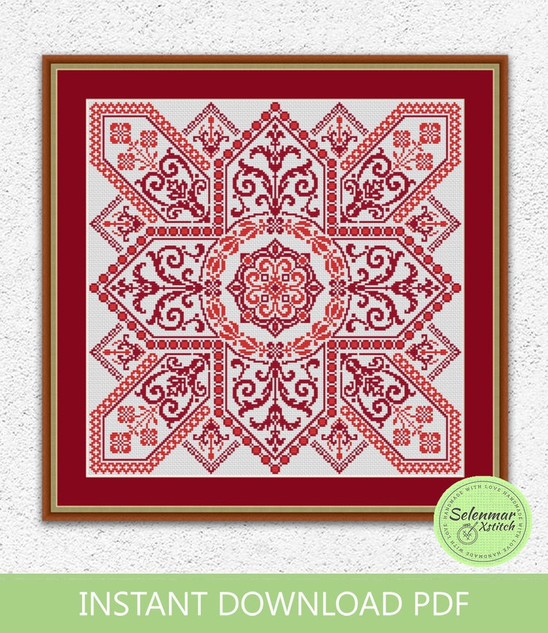 K&ouml;nnte beinhalten: Rotes und wei&szlig;es Kreuzstichmuster mit geometrischem Design. Das Muster ist in einem braunen Rahmen gerahmt. Das Muster hei&szlig;t "Selennar Xstitch" und ist mit Liebe gemacht.