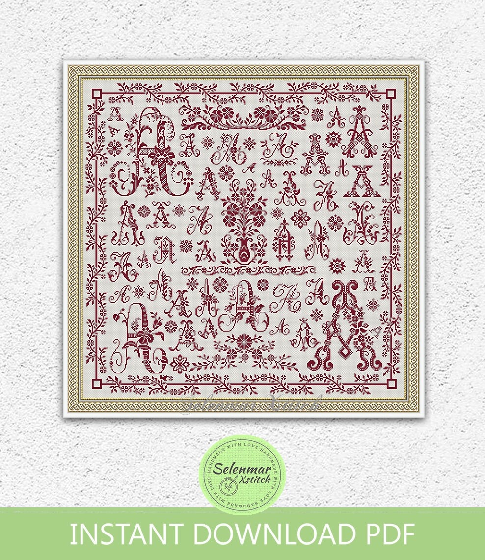 Monochrome Letter A Sampler Cross Stitch Pattern Vintage