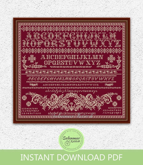 Monochrome quaker sampler counted cross stitch pattern Floral square embroidery design Flowers alphabet sampler xstitch chart #S67