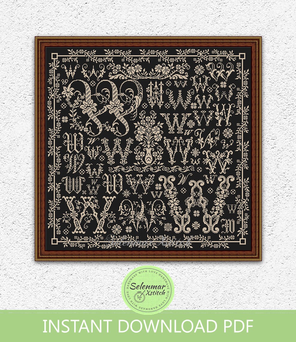 書道 W Capital Letter W Sampler Cross Stitch Pattern Floral Letter Cross