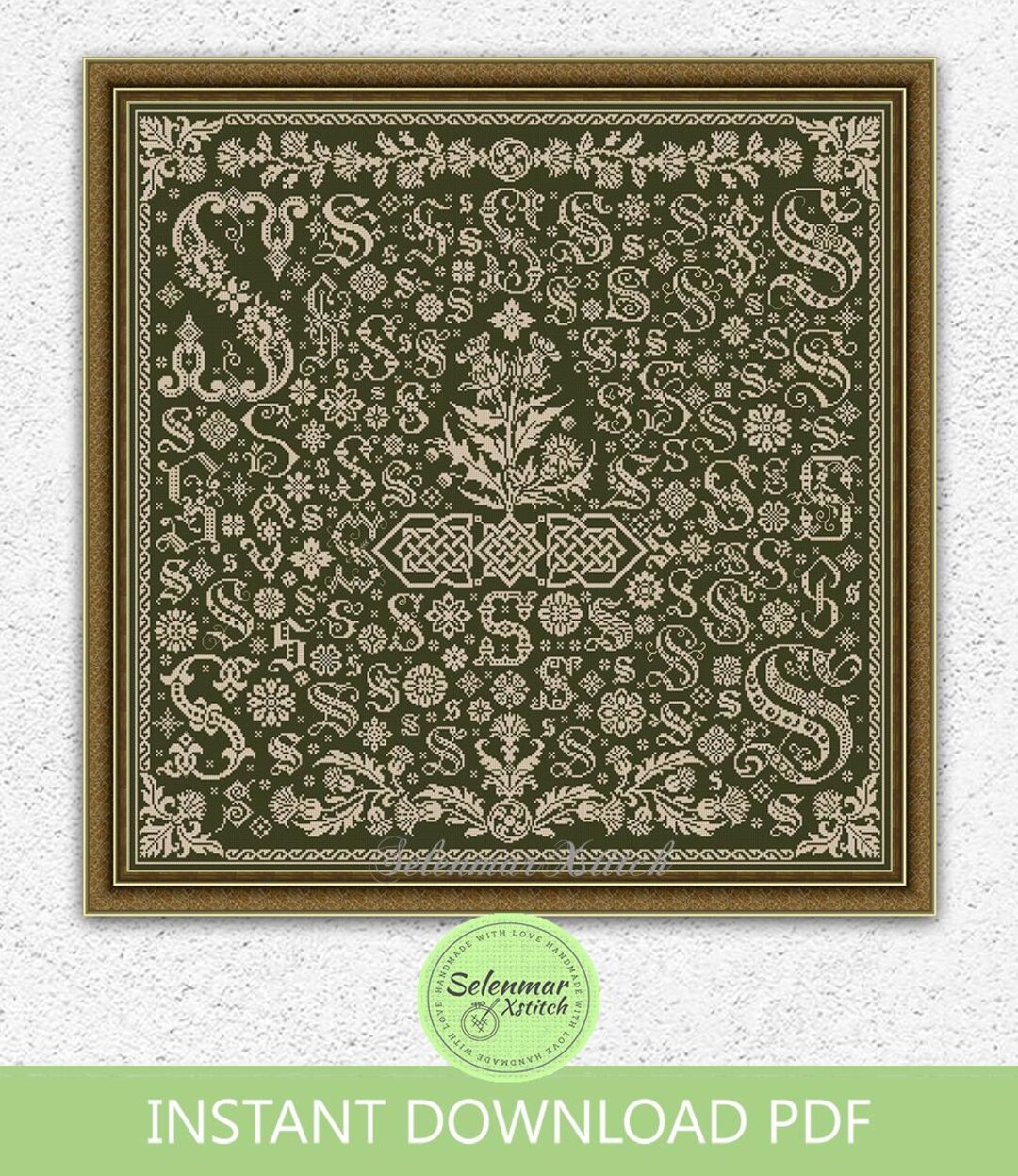 Pattern Intial S Floral Monochrome Letter Cross Stitch Pattern Initial Letter S Sampler ...