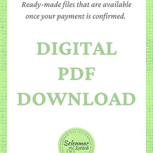 K&ouml;nnte beinhalten: Gr&uuml;n-wei&szlig;e Grafik f&uuml;r digitalen Download mit dem Text "Fertige Dateien, die verf&uuml;gbar sind, sobald Ihre Zahlung best&auml;tigt wurde. DIGITALER PDF-DOWNLOAD" und einem Logo mit der Aufschrift "Selenmar Xstitch Handgefertigt mit Liebe".