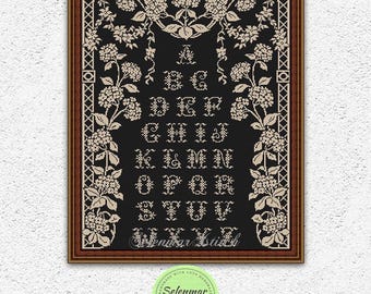 Floral Monochrome Alphabet Sampler Cross Stitch Pattern Flower